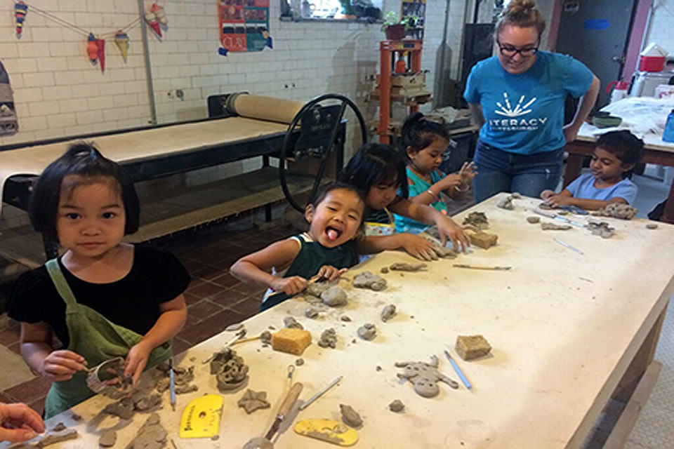 Silliness is the same in ANY language! Family Literacy students enjoy making art during a field trip to the Braddock Carnegie Library, organized by our Office of Public Art artist-in-residence Mary Tremonte. 